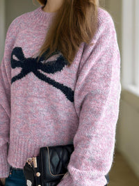 Bow Round Neck Long Sleeve Sweater Trandify Deal
