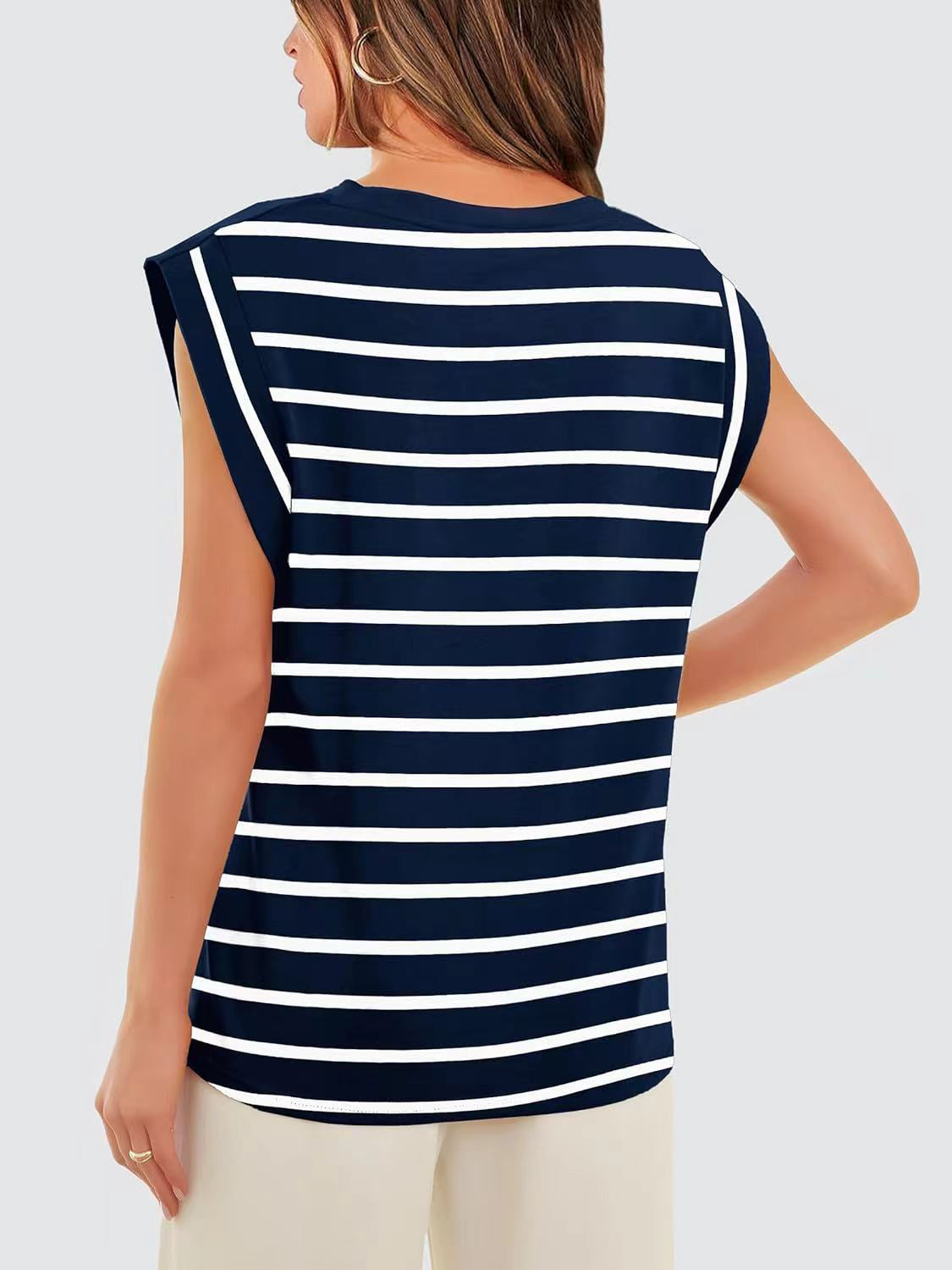 Striped Round Neck Cap Sleeve T-Shirt Trandify deal