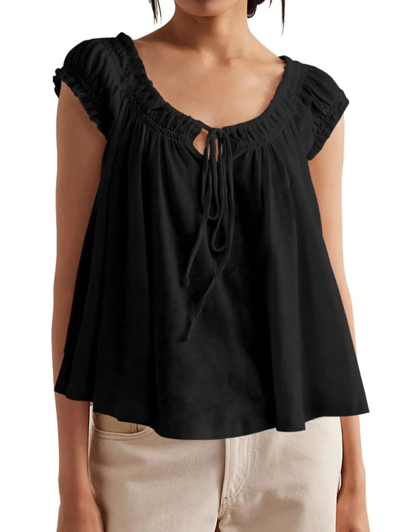 Women’s Tie-Front Smocked Blouse in Beige – Boho Chic Ruffled Sleeve Top for Summer