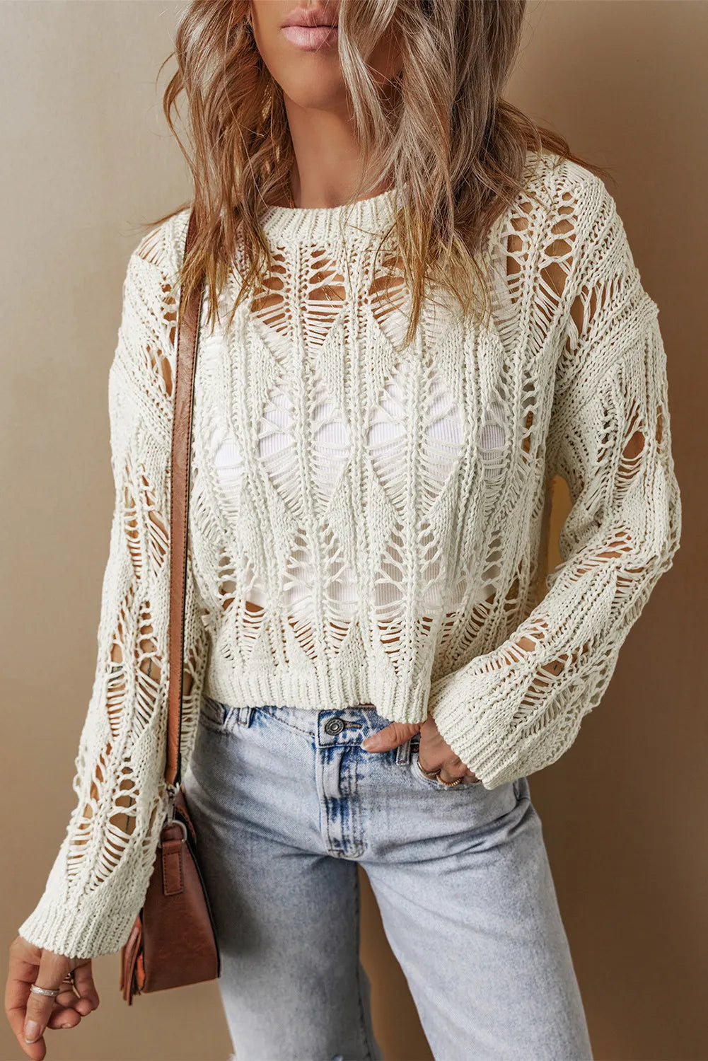 Cutout Round Neck Long Sleeve Knit Cover Up Trandify Deal