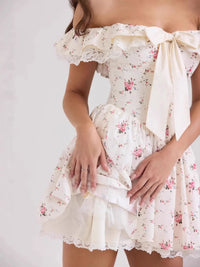Women's Off-Shoulder Floral Lace Mini Dress – Boho Summer Party Dress