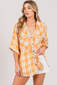 SAGE + FIG Plaid Button Up Side Slit Shirt Trandify deal
