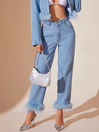 Plush Hem High Rise Straight Jeans - Trandify Deal