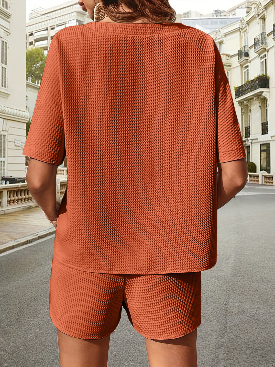 Waffle-Knit Half Sleeve Top and Shorts Set Trandify deal