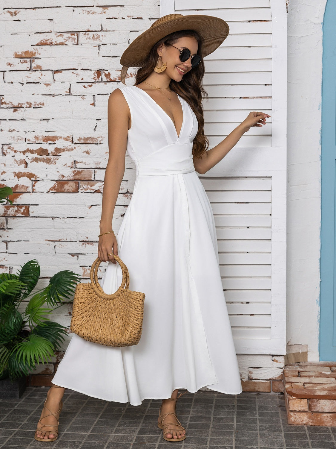 Full Size Slit V-Neck Sleeveless Midi Dress Trandify deal