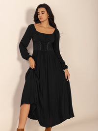 Lace-Up Square Neck Long Sleeve Midi Dress Trandify deal