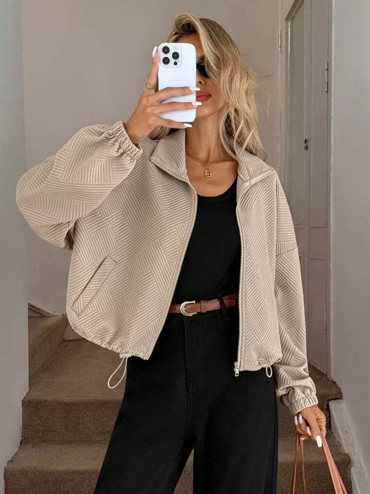 Women's Ribbed Drawstring Jacket - Casual Long Sleeve Zip-Up