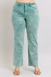Judy Blue High Waist Dad Jeans in garment dyed wash with raw hem detail