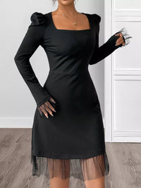 Black Square Neck Puff Sleeve Dress with Mesh Ruffle Hem