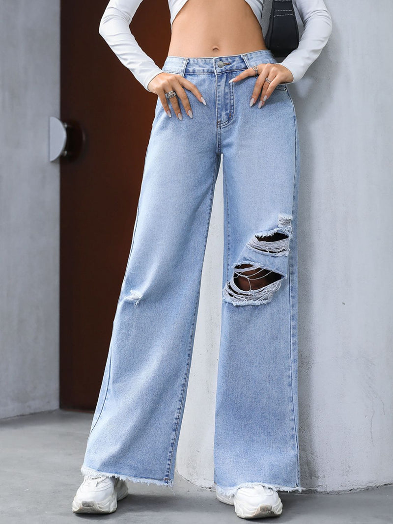 Women’s Distressed Raw Hem Wide Leg Jeans – Trendy High Waisted Denim | Trandify Deal