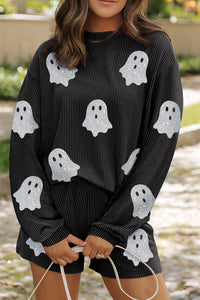 Glitter Ghost Round Neck Long Sleeve Top and Shorts Set - Trandify Deal