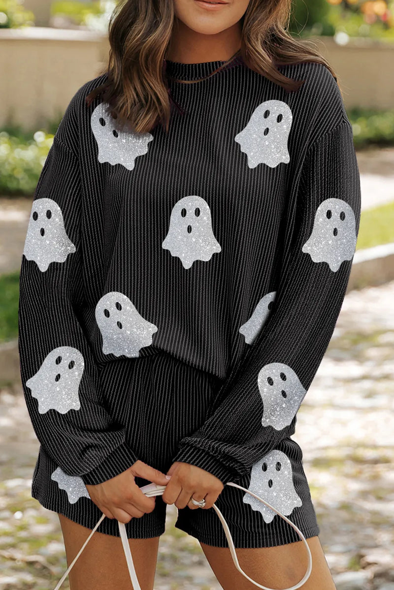 Glitter Ghost Round Neck Long Sleeve Top and Shorts Set - Trandify Deal