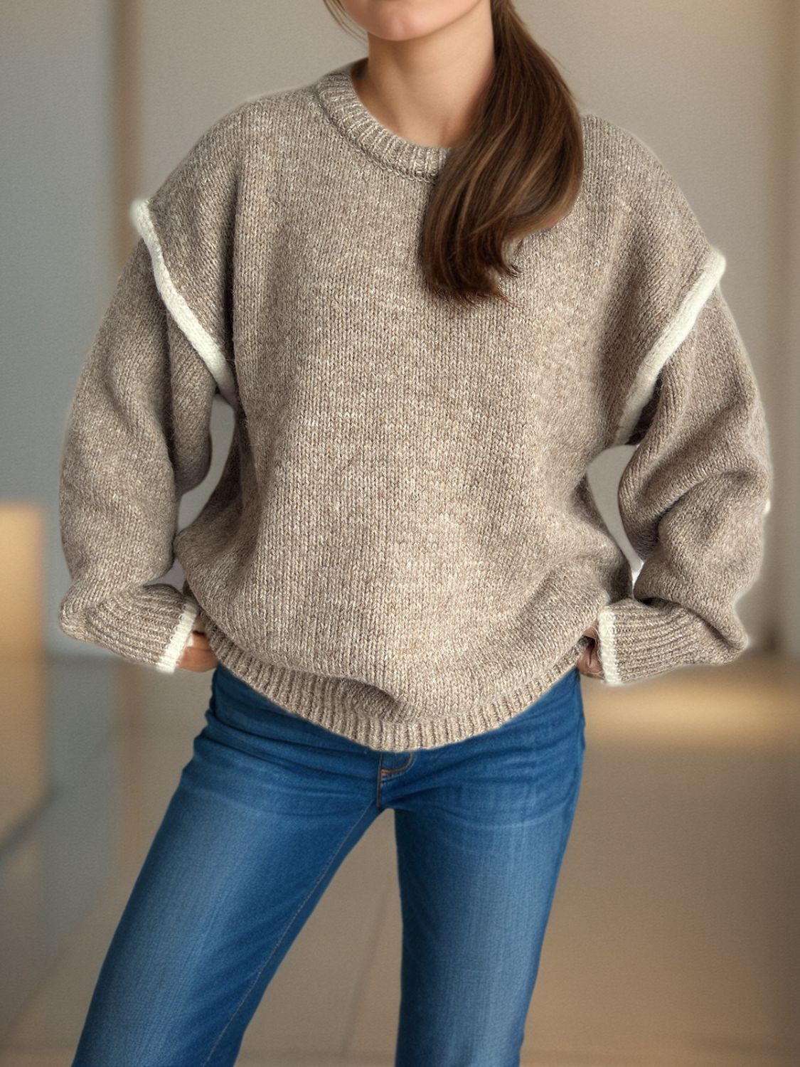 Contrast Trim Round Neck Dropped Shoulder Sweater Trandify Deal
