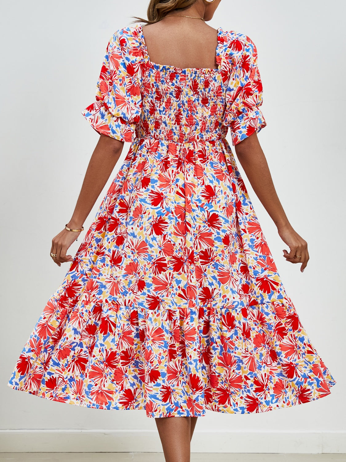 Smocked Floral Square Neck Short Sleeve Dress Trandify deal