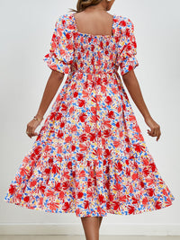 Smocked Floral Square Neck Short Sleeve Dress Trandify deal
