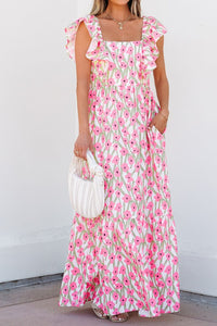 Elegant Floral Maxi Dress with Ruffled Sleeves