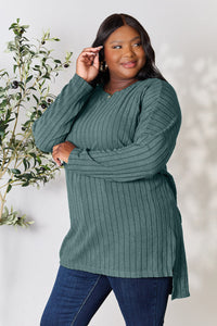 Basic Bae Full Size Ribbed Round Neck Long Sleeve Slit Top Trandify Deal