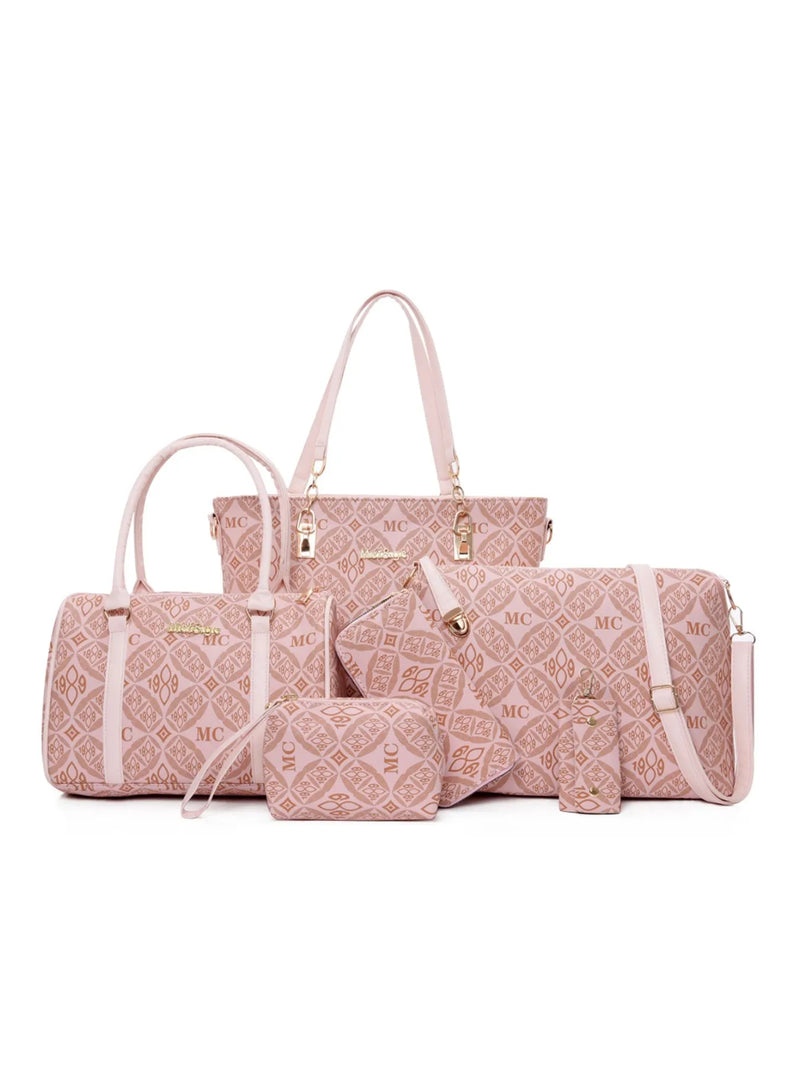 Women’s 6-Piece Geometric Pattern Bag Set – Crossbody, Tote & Clutch Combo