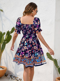 Printed Square Neck Short Sleeve Dress Trandify deal