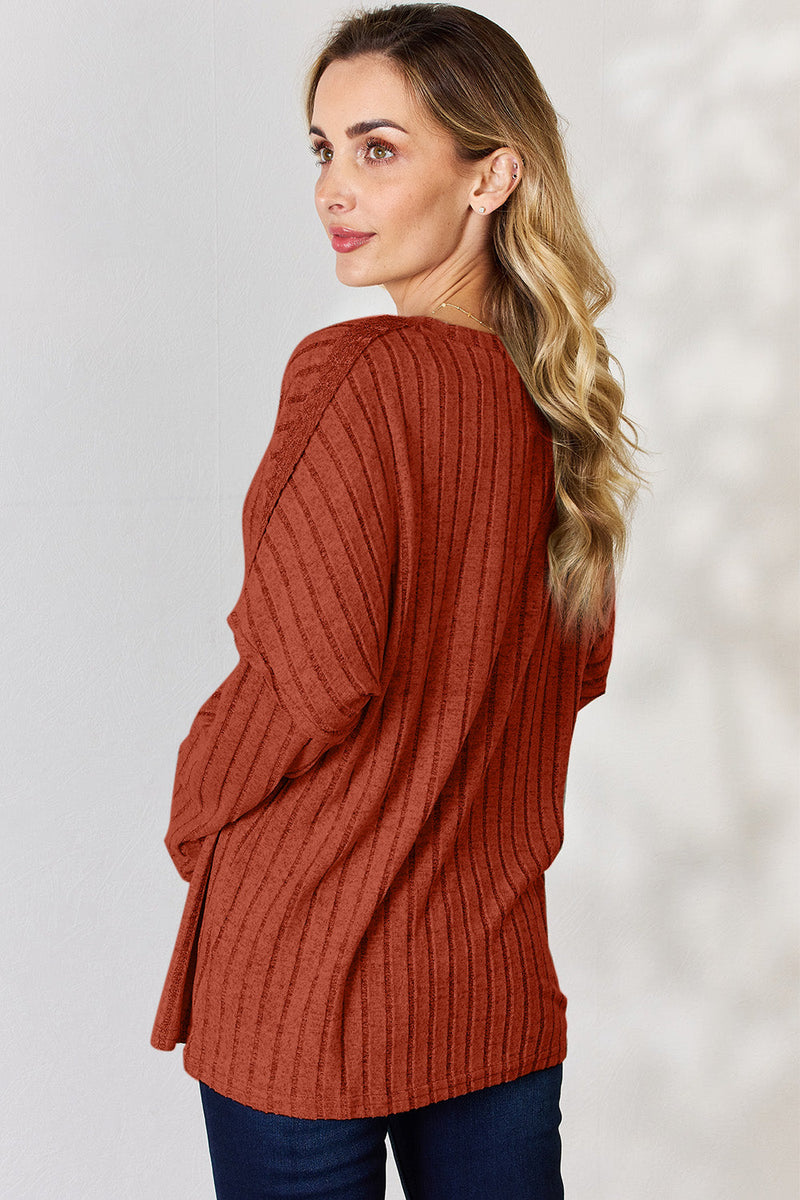 Basic Bae Full Size Ribbed Half Button Long Sleeve T-Shirt Trandify Deal