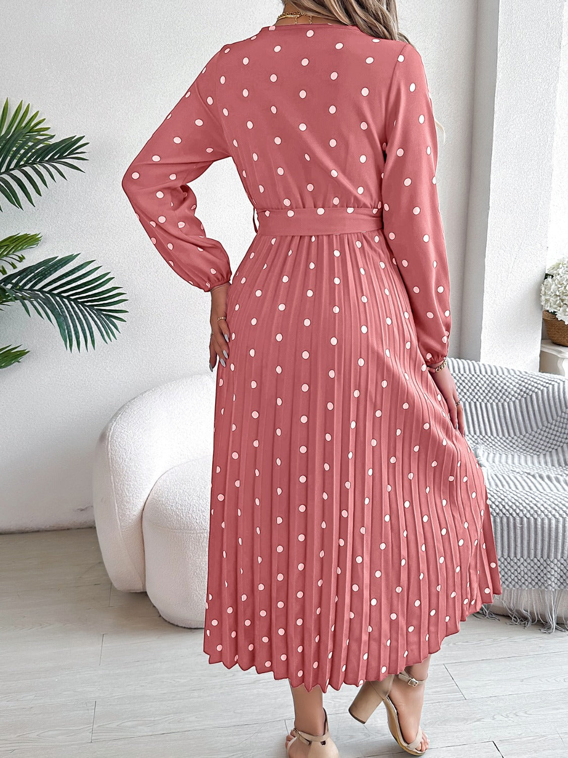 Tied Polka Dot Long Sleeve Midi Dress Trandify deal