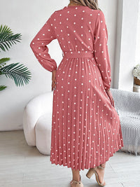 Tied Polka Dot Long Sleeve Midi Dress Trandify deal
