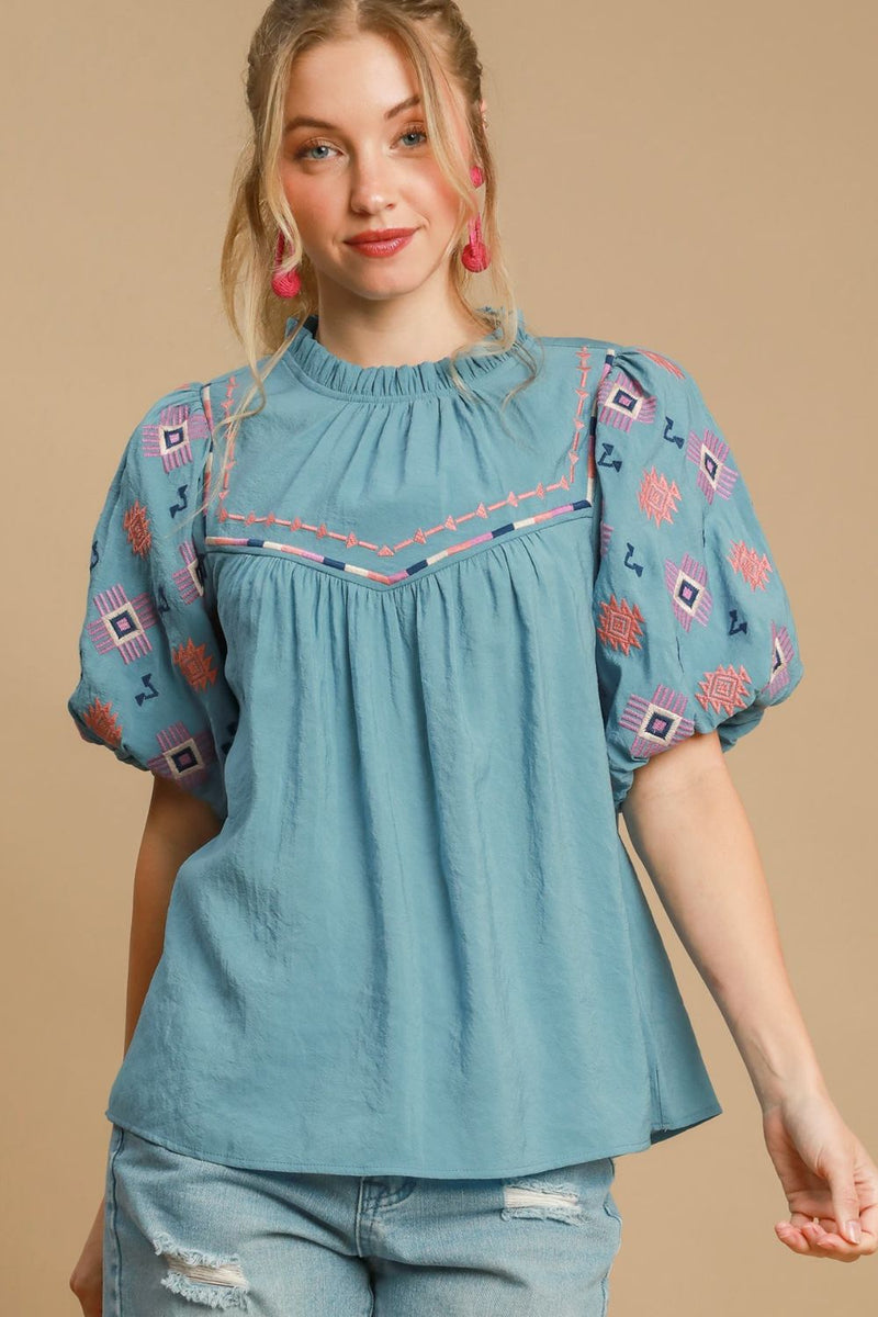Umgee Full Size Embroidered Puff Sleeve Mock Neck Top - Plus Size Boho Chic Blouse - TrandifyDeal