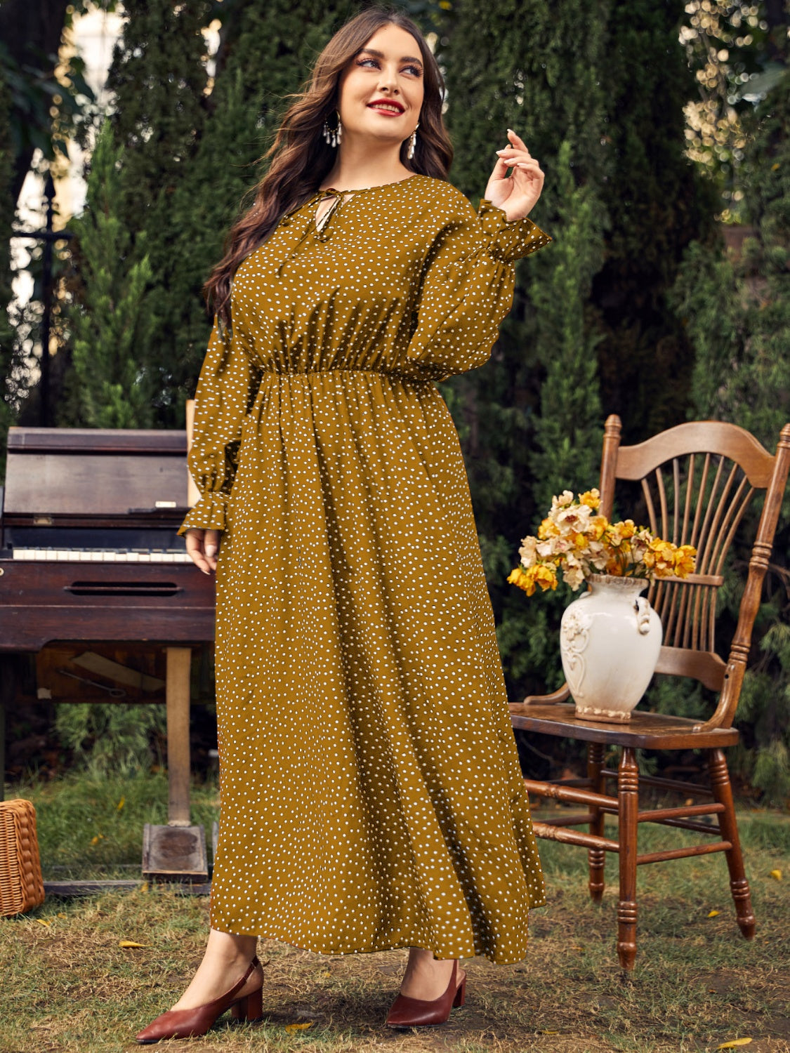Plus Size Ruffled Polka Dot Long Sleeve Midi Dress Trandify Deal