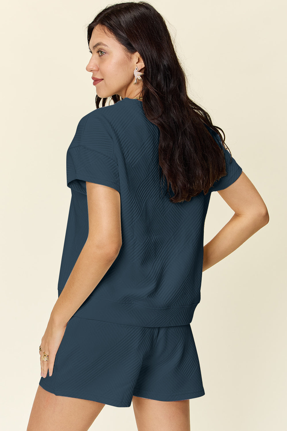 Double Take Full Size Texture Short Sleeve T-Shirt and Drawstring Shorts Set Trandify deal
