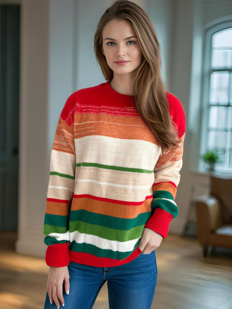 Contrast Striped Round Neck Long Sleeve Sweater Trandify Deal