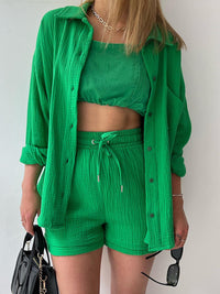 Texture Button Up Shirt and Drawstring Shorts Set Trandify deal