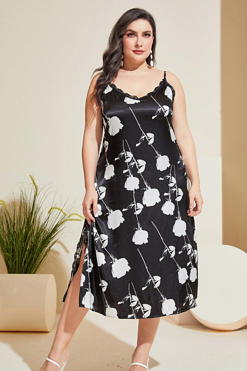 Plus Size Floral Lace Trim Side Slit Night Dress Trandify deal