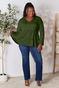 Double Take Half Button Long Sleeve Ruffle Hem Blouse Trandify Deal