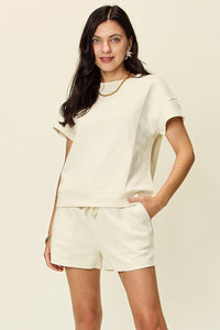 Double Take Full Size Texture Short Sleeve T-Shirt and Drawstring Shorts Set Trandify deal