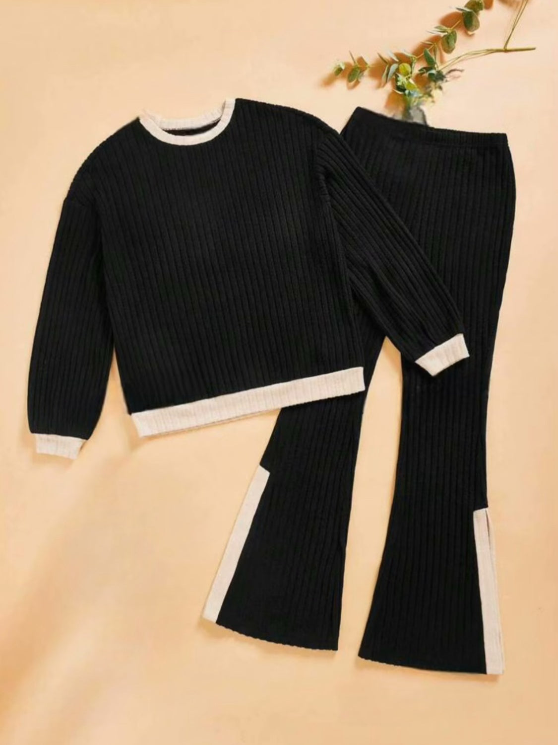 Contrast Round Neck Long Sleeve Top and Bootcut Pants Set Trandify Deal