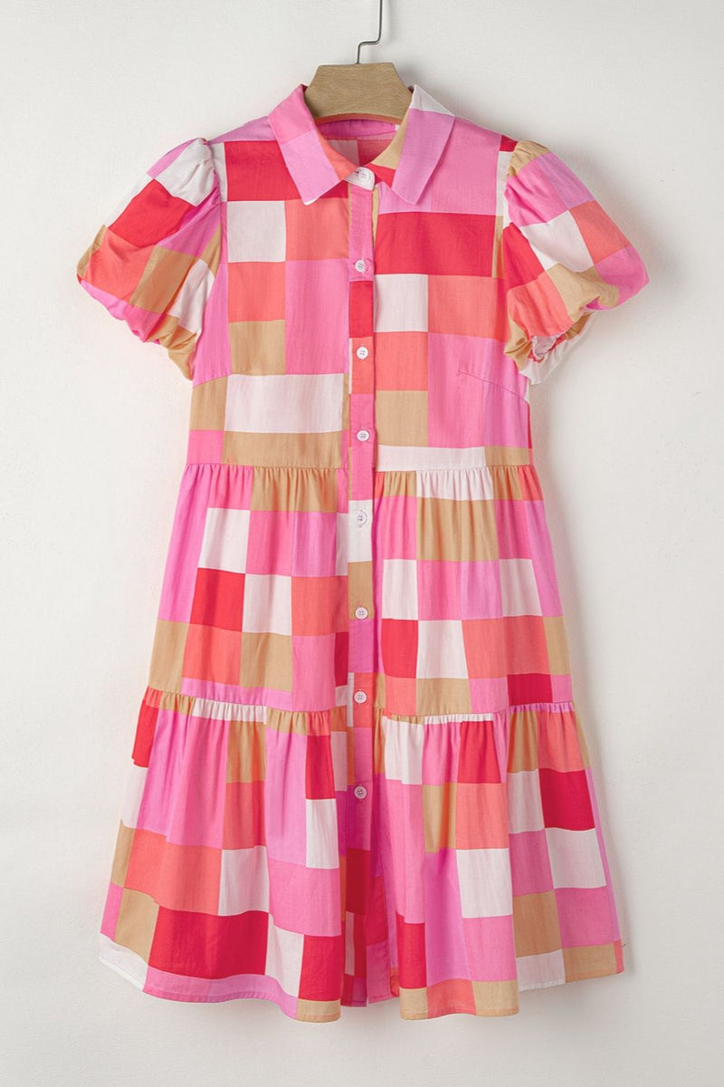 Color Block Button Up Short Sleeve Mini Dress Trandify deal