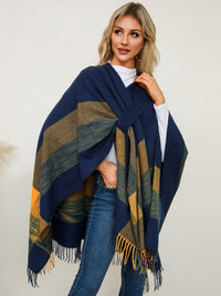 Fringe Contrast Plaid Poncho Trandify Deal