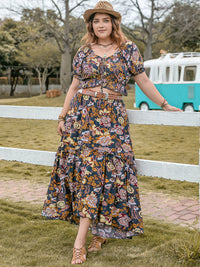 Plus Size Tie Neck Short Sleeve Top and Skirt Set Trandify deal