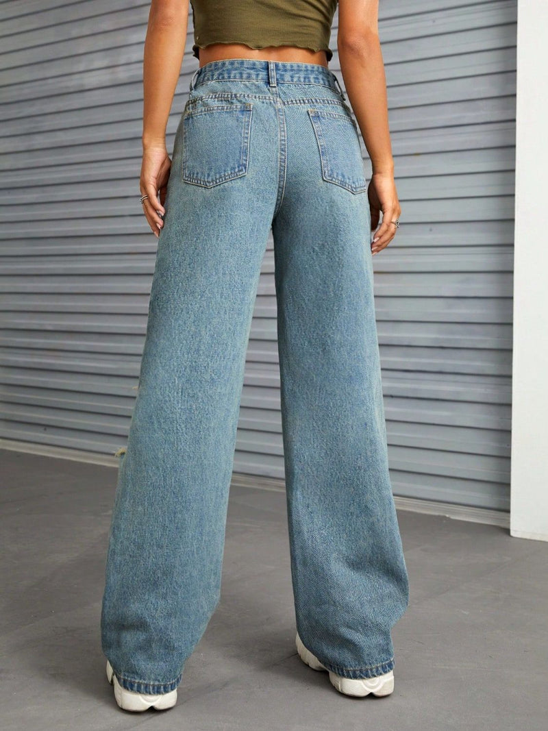 Distressed Wide Leg Jeans with Pockets Trandify Deal
