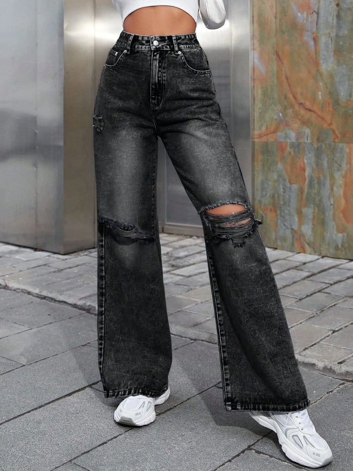 Distressed Wide Leg Jeans with Pockets Trandify Deal