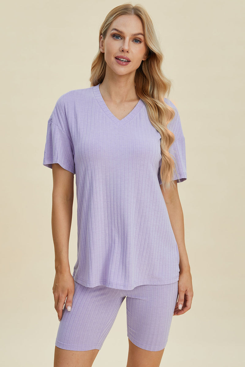 Basic Bae Full Size Ribbed V-Neck Short Sleeve Top and Shorts Set Trandify deal