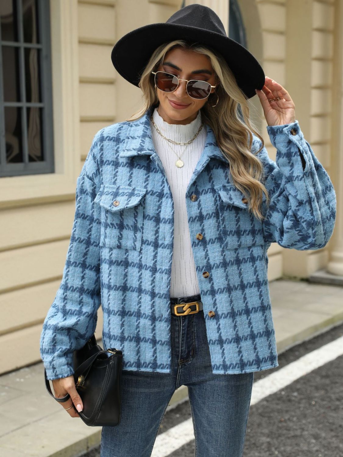 Plaid Collared Neck Long Sleeve Jacket Trandify Deal