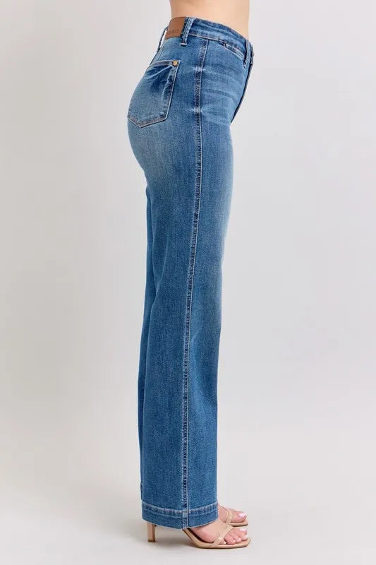 Judy Blue High Waist Straight Leg Jeans with contrast white thread detail