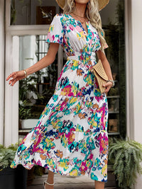 Perfee Printed Notched Short Sleeve Midi Dress Trandify deal