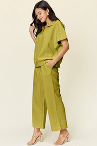 Double Take Full Size Texture Half Zip Short Sleeve Top and Pants Set Trandify Deal