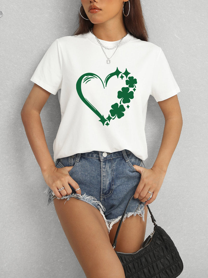 Heart Lucky Clover Round Neck Short Sleeve T-Shirt Trandify deal