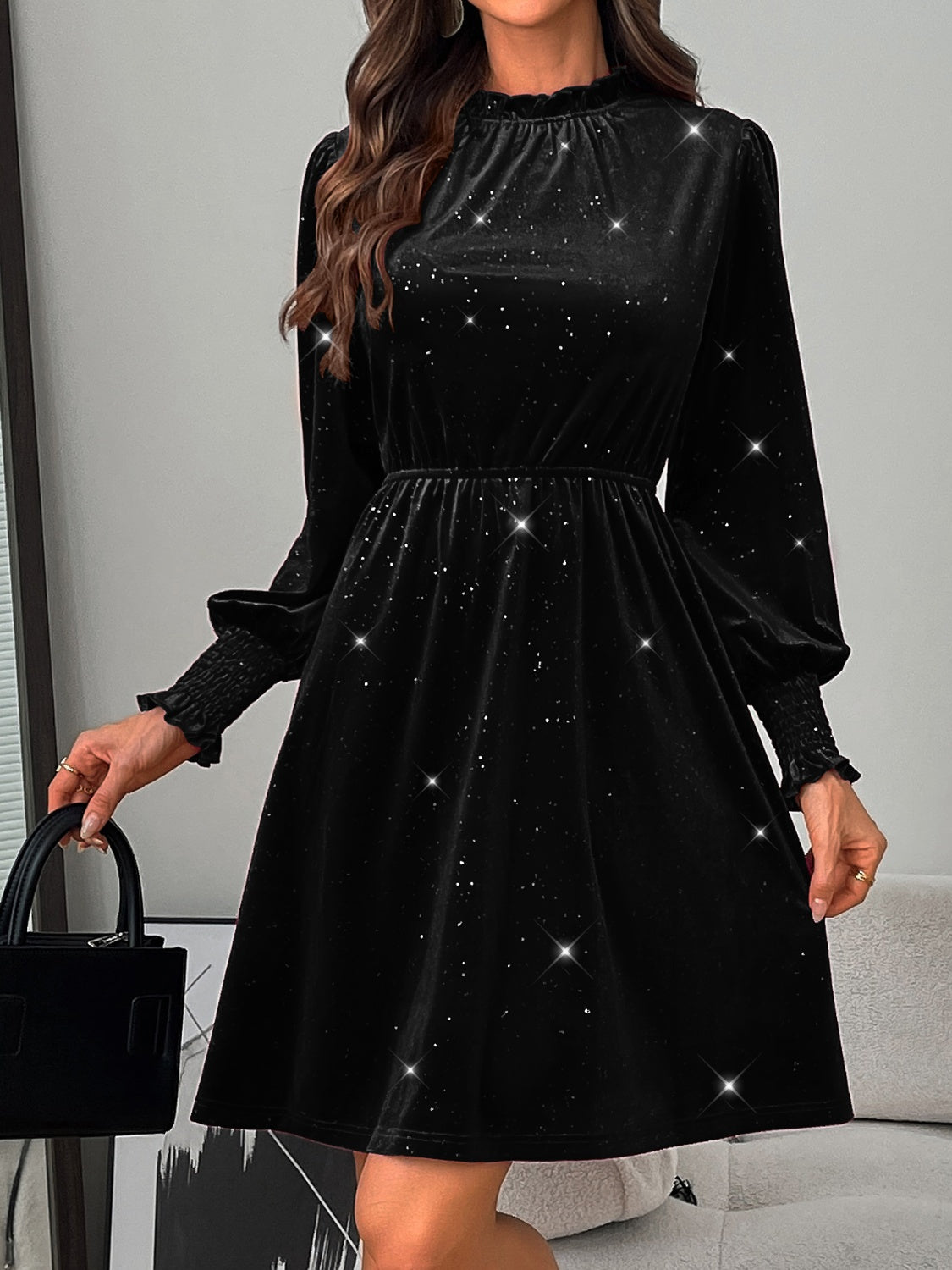 Glitter Mock Neck Long Sleeve Mini Dress Trandify Deal