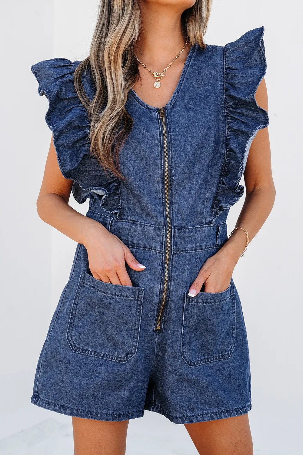 Women’s Blue Denim Romper with Ruffles & Zip Front – TrandifyDeal