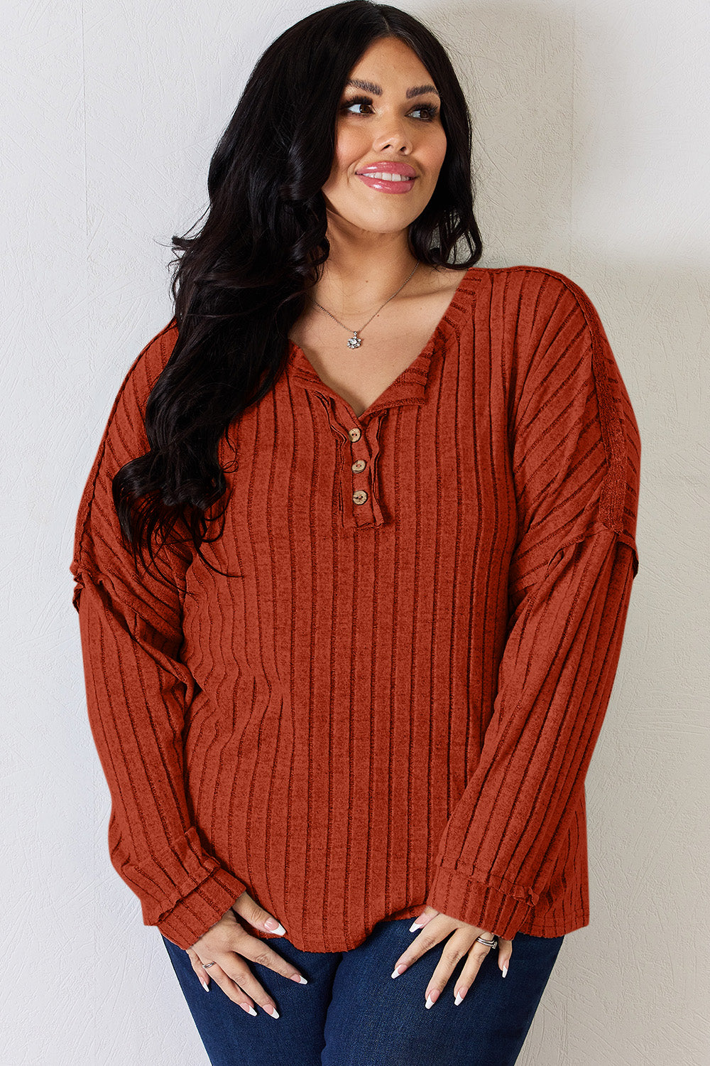 Basic Bae Full Size Ribbed Half Button Long Sleeve T-Shirt Trandify Deal