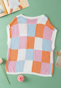 Contrast Plaid Round Neck Cap Sleeve Sweater Trandify Deal